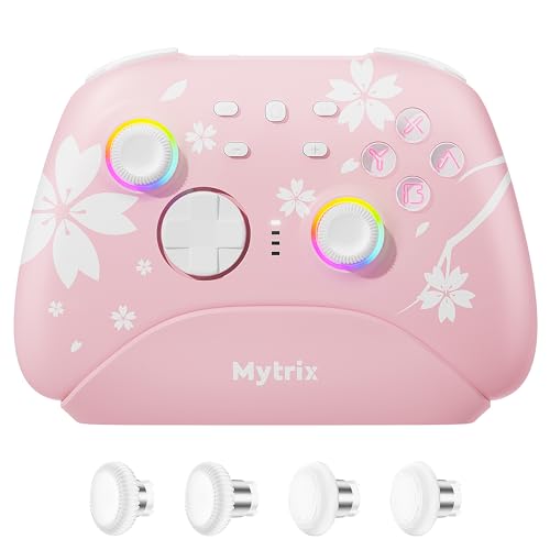 Mytrix Wireless Pro Controller with Charging Dock, Controllers for Nintendo Switch/PC/Steam/iPad/Mac/Tablet/Laptop, with RGB Light/Macro Keys/Turbo Button/4 Joystick Replacements, Sakura Pink - Pink Charging Dock