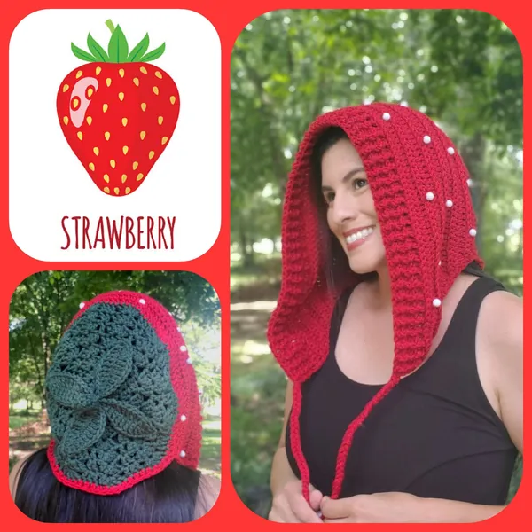 NEW Rare Unique Strawberry Inspired crochet Hood , hat with beads,  cosplay, hoodie, fruit, bonnet, hoody, beanie Unisex/Adult/teen