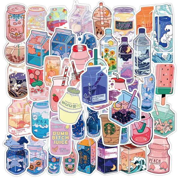50Pcs Kawaii Cartoon Beverage Stickers Aesthetic Trendy Stickers Laptop Water Bottles Phone Skateboard Computer Cute Summer Flavored Drink Vinyl Sticker Waterproof Decal for Teens Boys Girls Adults -