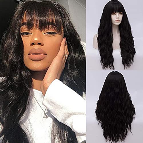 Long Curly Synthetic Wig with Bangs (Black) - Black