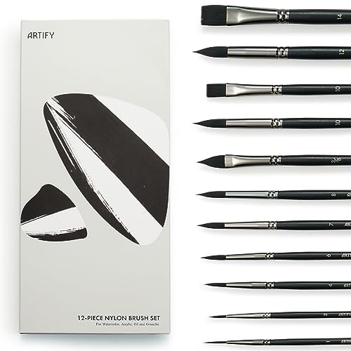ARTIFY 12 PCS Watercolor Brushes, Synthetic Nylon Paint Brushes for Watercolor, Acrylic, Gouache & Oil Painting, Includes Detail Paint Brushes, Round, Flat, Cat's Tongue,Liner, Intermediate Series - Black 1