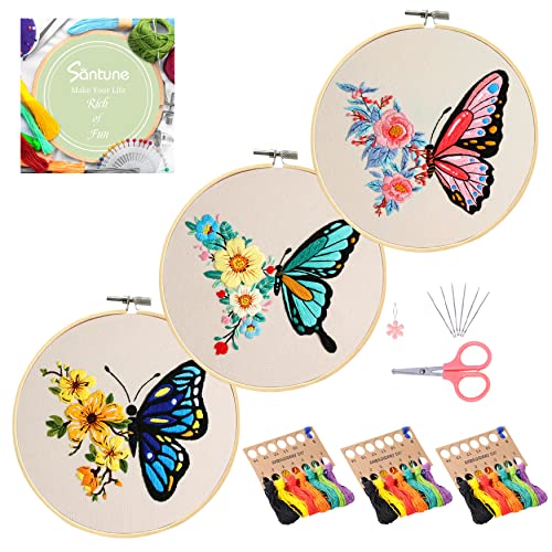Santune 3 Pack Embroidery Kit for Beginners Adults Cross Stitch Kits for Beginners Hand Embroidery with Butterfly Patterns and Instructions DIY Kits for Adults with Hoops, Threads and Needles - V-Butterfly(3 pack)