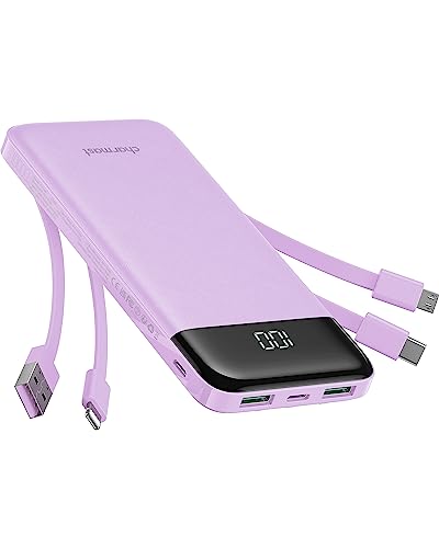Portable Charger with Built in Cables, Portable Charger with Cords Wires Slim 10000mAh Travel Essentials Battery Pack 6 Outputs 3A High Speed Power Bank for iPhone Samsung Pixel LG Moto iPad (Purple) - Purple