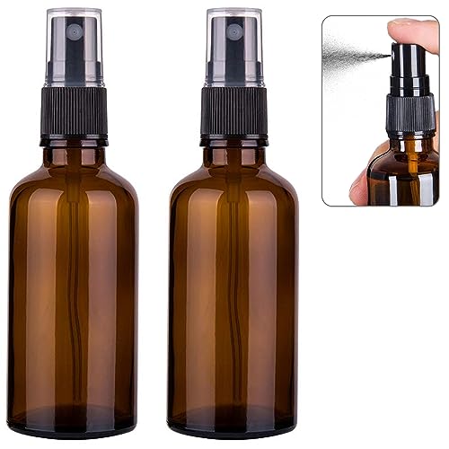 Nylea Small Glass Spray Bottles for Oil, Hair, Plants Water Empty Fine Mist and Refillable Mister Amber Mini Travel Size Bottle for Cleaning Solutions, Essential Oil Sprayer and Nozzle (2 Pack, Amber) - 2 Pack - Amber