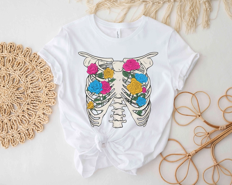 Pansexual Pride Skeleton Shirt, Floral Ribcage Pride Top, Pansexual Gifts, Spooky Pride, Halloween Pride Clothing, LGBTQ Gifts, Queer Shirts