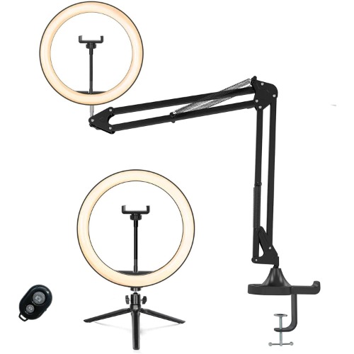 12" Ring Light with Boom Arm, LED Circle Light Desk Tripod Stand with Wireless Remote Control/Phone Holder/YouTube Video/Mic Clip for TikTok Makeup Vlog Streaming Online Meeting (JY-12) - 