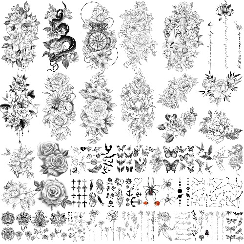 Yazhiji 49 vellen grote sexy bloemencollectie waterdichte tijdelijke tatoeages die nep-tatoeages voor vrouwen en meisjes blijven.