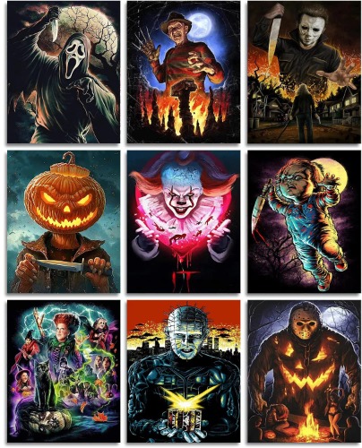 DaiCur Diamond Painting Kits, 9 Pack Diamond Art Kits for Adults, DIY 5D Round Full Drill Crafts Diamond dotz Home Wall Decor Halloween Gifts Horror Movies (12x16inch) - 