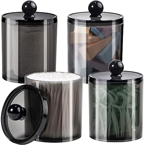 SheeChung 4 Pack Plastic Acrylic Bathroom Vanity Countertop Canister Jars with Storage Lid, Apothecary Jars Qtip Holder Makeup Organizer for Cotton Balls,Swabs,Pads,Bath Salts - Black - 4 Pack