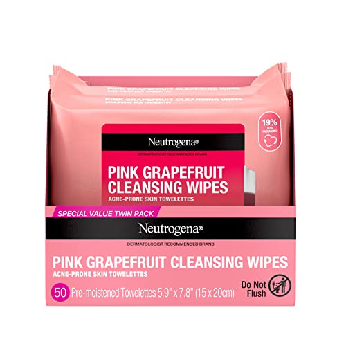Neutrogena Oil Free Facial Cleansing Makeup Wipes with Pink Grapefruit, Disposable Acne Face Towelettes to Remove Dirt, Oil, and Makeup for Acne Prone Skin, Value Twin Pack, 2 x 25 ct - Pink Grapefruit 25ct (Pack of 2) - 25 Count (Pack of 2)