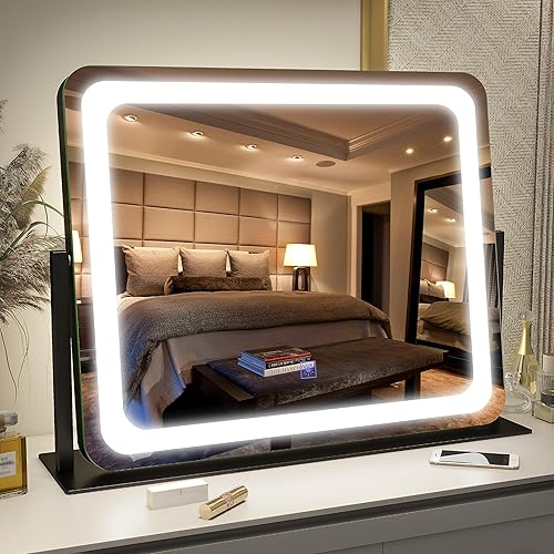 FENNIO Vanity Mirror with Lights 22"x19"LED Lighted Makeup Mirror,Large Makeup Mirror with Lights,Touch Screen with 3-Color Lighting,Led Mirror Makeup,Dimmable,for Vanity Desk Tabletop - Black - 22"x19"