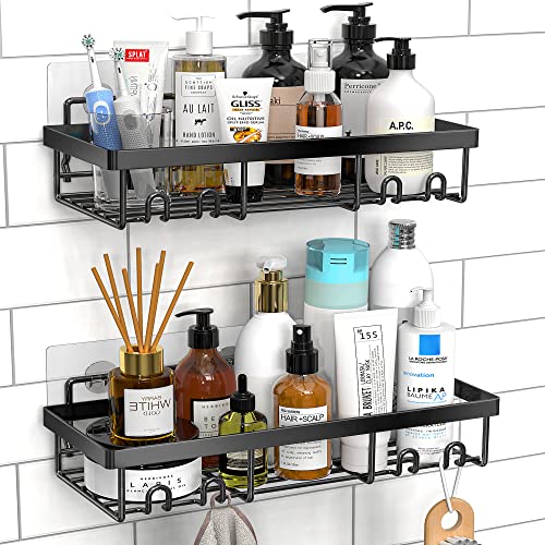 Moforoco Shower Caddy Shelf Organizer Rack, Self Adhesive Black Bathroom Shelves Basket, Home Farmhouse Wall Inside Organization and Storage Decor Rv Accessories, First Apartment Essentials - Black