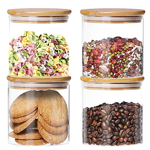 Dabacc 4 Pack Glass Jars with Airtight Bamboo Lids, Glass Kitchen Canisters Clear Container for Food Storage of Dry Goods, Cookie, Candy, Spices, Coffee Beans and More, 18.6 OZ