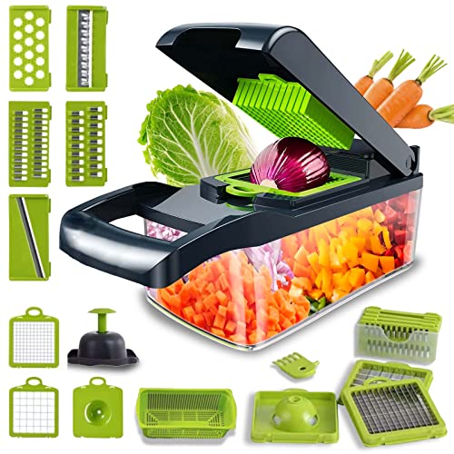 Vegetable Chopper Dicer with Container | Cheese Grater Mandoline Slicer Cabbage Shredder French Fry Cutter Stainless Steel for Veggie Onion Potato Fruit Food, Manual Hand Cooking Gadget for Kitchen - Gray