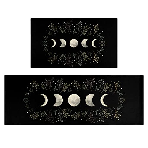 Xiumei Moon Kitchen Rug Set,Black Kitchen Mats for Floor Moon Runner Rug with Rubber Backing,Goth Rug Washable for Kitchen Sink,Laundry Room,Halloween Kitchen Rugs Mats,Gothic Witchy Kitchen Decor - Gothic Moon