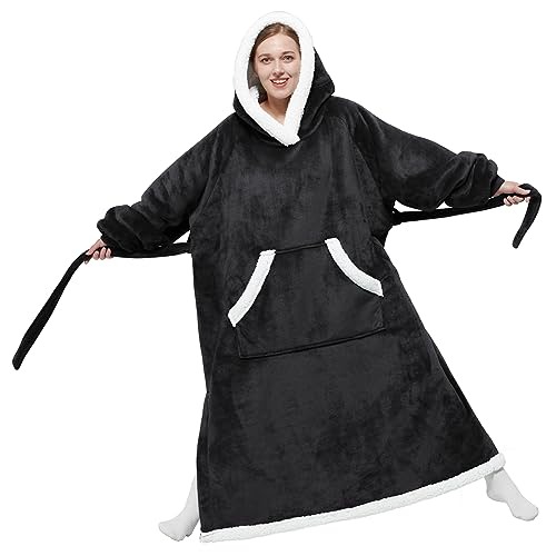 Bedsure Ovesized Wearable Blanket Hoodie, Long Sherpa Fleece Blanket Sweatshirt, with Warm Big Hood, Side Split and Belt, Black, Standard Adult - Black - Adult