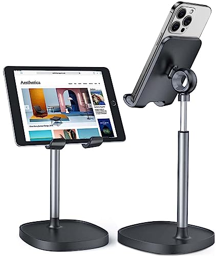 LISEN Cell Phone Stand, Height Angle Adjustable Phone Holer for Desk, Taller Office Desk Accessories iPhone 15 Stand Fits All Mobile Phones, iPhone, Switch, iPads, Tablet 4-10in - BLACK-3X STABLE WEIGHTED BASE