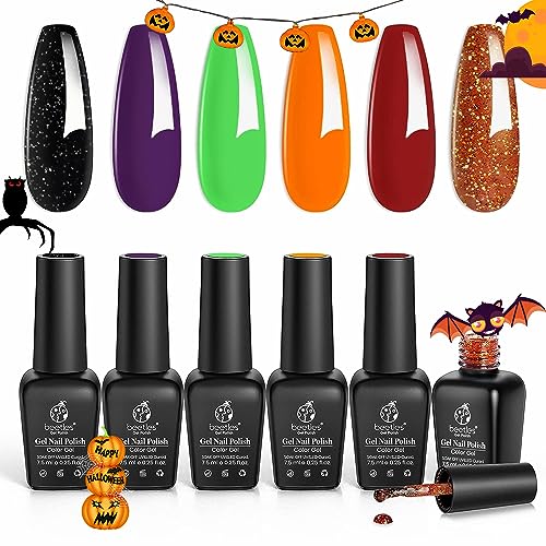 Beetles Halloween Gel Nail Polish Set, Hocus Pocus Collection Fall Winter Orange Green Purple Black Glitter Gel Polish Set Soak Off Nail Lamp LED Cured Nail Art Design Manicure Kit Gifts for Women - D-Orange