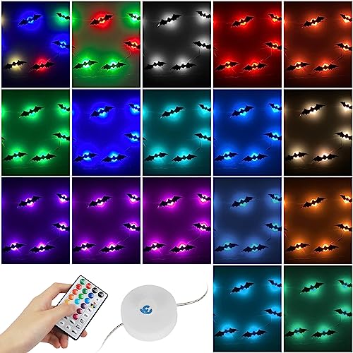 Halloween Decorations: 𝗖𝗼𝗹𝗼𝗿 𝗖𝗵𝗮𝗻𝗴𝗶𝗻𝗴 𝗕𝗮𝘁 𝗟𝗶𝗴𝗵𝘁𝘀 with Remote - Set of 14 LED Glowing Bat Lamps for Indoor Wall Decor and Party - 16ft