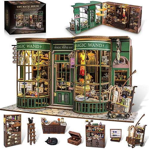 Tinkerty DIY Wooden Dollhouse Miniature Kit, Magic Wand Shop Miniature House Kit with LED Light and Furniture, Book Nook Kits for Adults, Christmas Birthday Gifts for Adults Teen (Magic House)