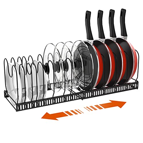 Housolution Pot and Pan Organizer Rack for Cabinet, Expandable Pot Lid Organizer Holder with 14 Adjustable Dividers, Fully Expanded Size 22.83" W x 7.09" D x 7.09" H, Black - Black