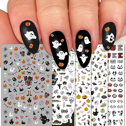 TailaiMei 1500 Pcs Halloween Nail Decals Stickers, 12 Sheets Self-Adhesive DIY Nail Art Tips Stencil for Halloween Party, Include Pumpkin/Bat/Ghost/Witch etc - Halloween Decals, 12 Sheets