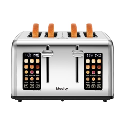 Mecity 4 Slice Toaster Touch Screen Control 4 Wide Slot, Stainless Steel Smart Bread Toaster for Bagel Muffin Waffle, Dual Control Pannel, Timer, Defrost, Reheat, 120V 1650W