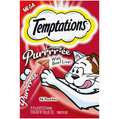 Temptations Creamy Puree with Beef Liver Lickable, Squeezable Cat Treats, 0.42 oz Pouches, 16 Count - 6.72 Fl Oz (Pack of 1)