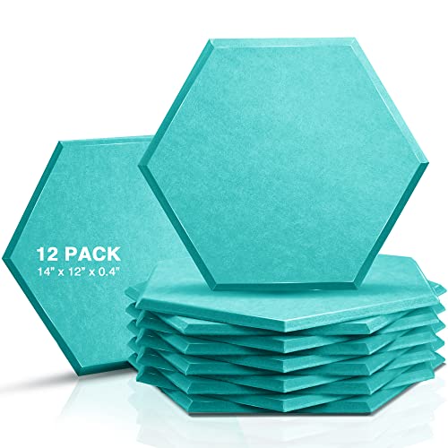 Sonic Acoustics 12 Pack Hexagon Acoustic Panels, 14" X 12" X 0.4" High Density Sound Absorbing Panels Sound Proof Insulation Beveled Edge Studio Treatment Tiles (Blue) - No-adhesive - Blue