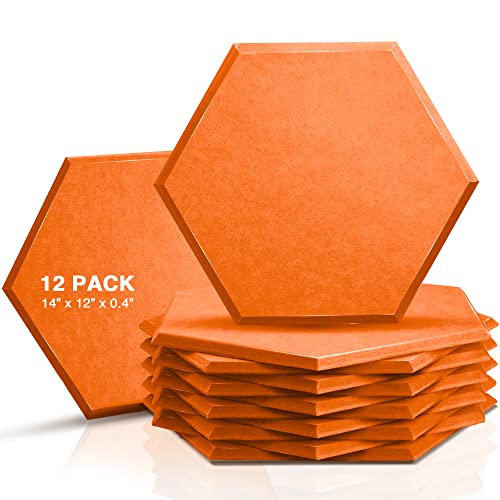Sonic Acoustics 12 Pack Hexagon Acoustic Panels, 14" X 12" X 0.4" High Density Sound Absorbing Panels Sound proof Insulation Beveled Edge Studio Treatment Tiles (Orange) - No-adhesive - Orange