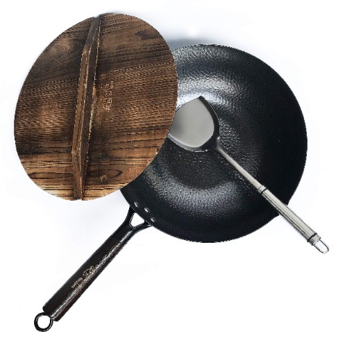Carbon Steel Wok for Electric, Induction and Gas Stoves (Lid, Spatula and User Guide Video Included)