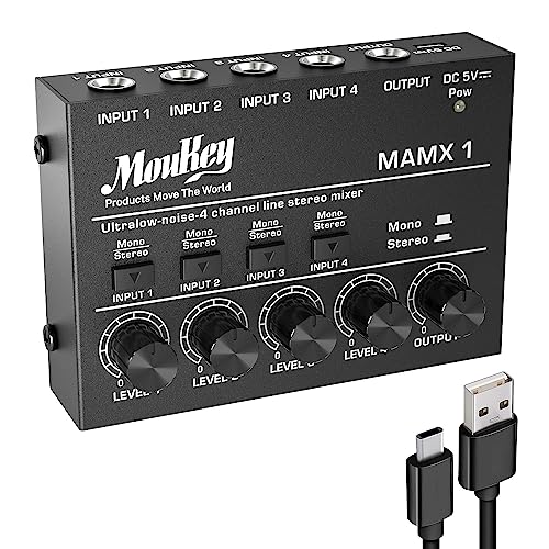 Moukey 4-Stereo Mini Audio Mixer, Ultra Low-Noise 4-Channel Line Mixer for Sub-Mixing, DC 5V Audio Mixer with USB Cable , Ideal for Small Clubs or Bars, As Microphones, Guitars, Bass, Keyboards or Stage Mixer-MAMX1 - S (4-stereo)