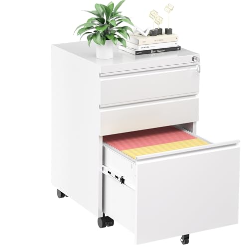 INTERGREAT 3 Drawer Filing Cabinet with Lock, White File Cabinet with Wheels, Locking Metal Cabinets for Home Office - 3 Drawer-Mobile - White