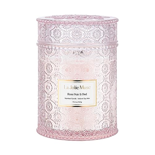 LA JOLIE MUSE Rose Noir & Oud Scented Candle, Rose Candle for Home, Candle Gift for Women, Wood Wicked Glass Jar Candles for Home Scented, Large Candle, Long Burning Time, 19.4 Oz - Rose Noir & Oud