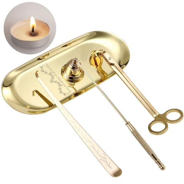 ManChDa 4 in 1 Candle Accessory Set - Candle Wick Trimmer, Candle Wick Dipper, Candle Wick Snuffer, Storage Tray Plate, Candle Care Tools Gift for Candle Lovers for Cosmetics Metal Storage (Gold) - 1-1.Gold