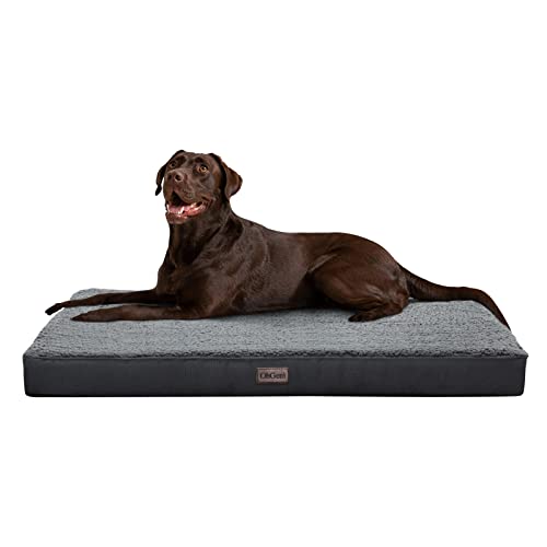 OhGeni Orthopedic Dog Beds for Large Dogs,Dog Bed with Plush Egg Foam Support and Non-Slip Bottom, Waterproof and Machine Washable Removable Pet Bed Cover - 44.0"L x 32.0"W x 3.0"Th - Grey