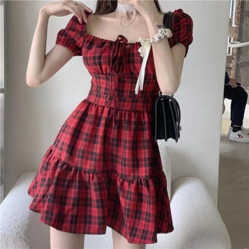 'Mary Jane' Red Grunge Plaid Dress - red / S