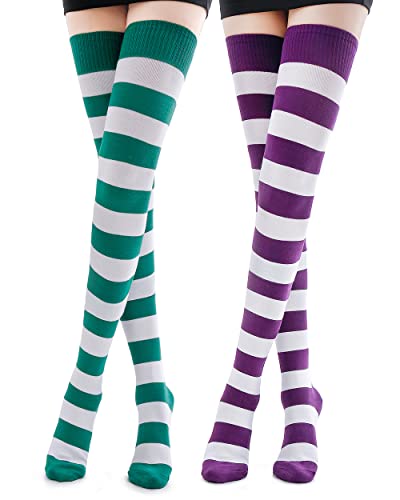 Kayhoma Extra Long Cotton Stripe Thigh High Socks Over the Knee High Socks - Medium - Green/Purple
