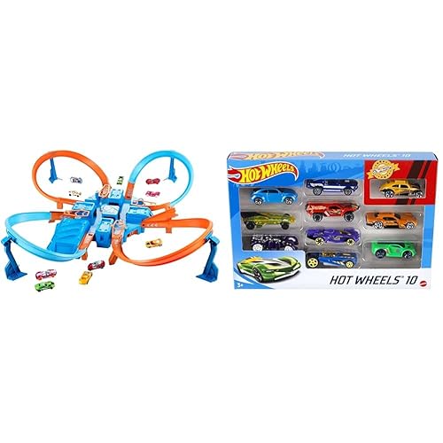 Ultimate Hot Wheels Crashing Action with the Criss Cross Crash Track Set! [Amazon Exclusive] & Set Of 10 1:64 Scale Toy Trucks And Cars For Kids And Collectors (Styles May Vary) [Amazon Exclusive] - Crash Set + Tracks + 10-Pack Cars