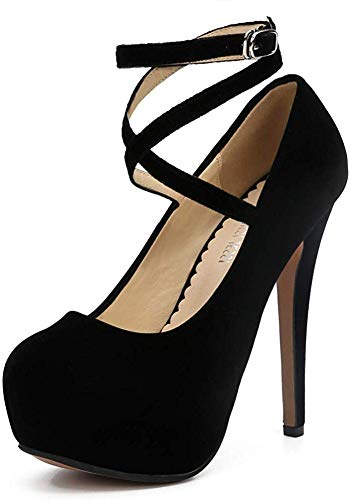 Women's Ankle Cross Strap Pumps Platform Stiletto Dress High Heel Black Lining Glitter Silver - 11.5 - Black Velvet-14cm