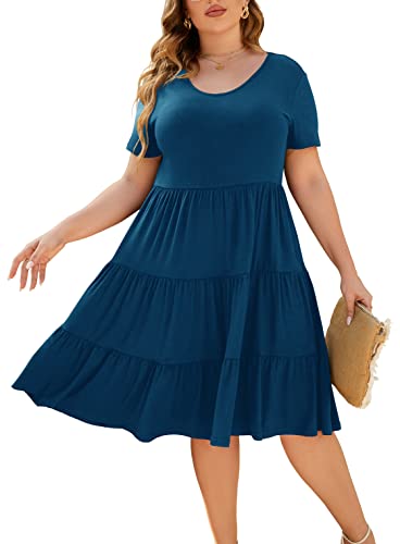 Younrui Women's Plus Size Casual Summer Tiered Dresses Short Sleeve Scoop Neck Ruffle Hem Loose Fitting Midi Babydoll Dress - 3X-Large Plus - Deep Blue