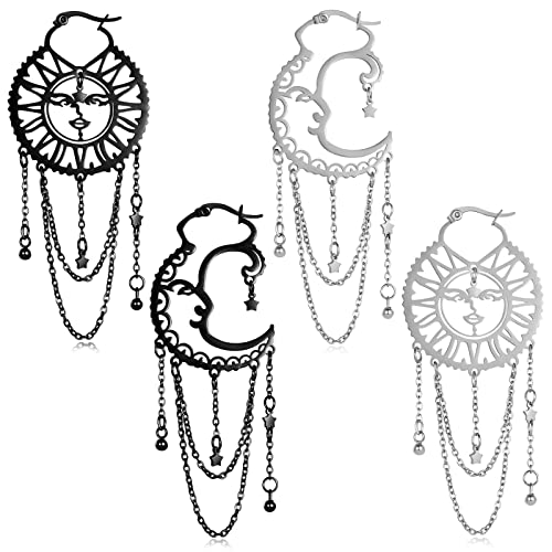 AntDear Asymmetrical Sun and Moon Earrings for Women Dangling, Rainbow Boho Earrings Star Tassel Chain Drop Dangle Statement Earrings Stainless Steel Bohemian Jewelry… - Black + Silver