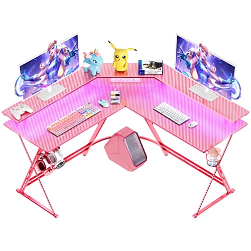 SEVEN WARRIOR Gaming Desk 50.4” with LED Strip & Power Outlets, L-Shaped Computer Desk Carbon Fiber Surface with Monitor Stand, Ergonomic Corner Desk with Cup Holder, Headphone Hook, Pink - Pink - 50.4 INCH