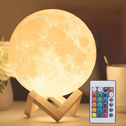 Mydethun 16 Colors 3D Moon Lamp with 148 Combination Modes, Moon Light Gift for Lover, LED Night Light Lamp for Kids, Girls, Bedroom, Home Decor with Remote Control, 7.1 inches, w/Wood Stand - 7.1 inch - 16 Colors