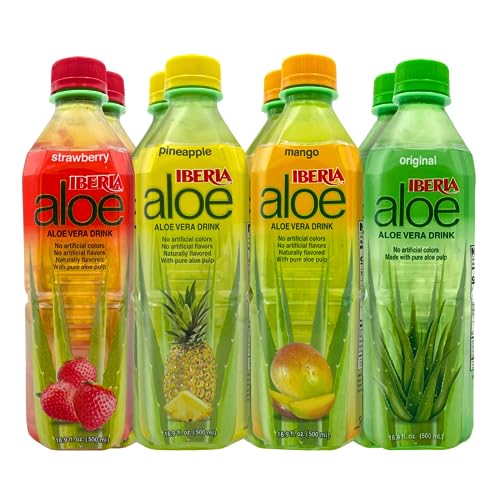 Iberia Aloe Vera Drink with Pure Aloe Pulp, Variety, (Pack of 8) 2 x Original, 2 x Mango, 2 x Pineapple, 2 x Strawberry - Aloe Variety Pack