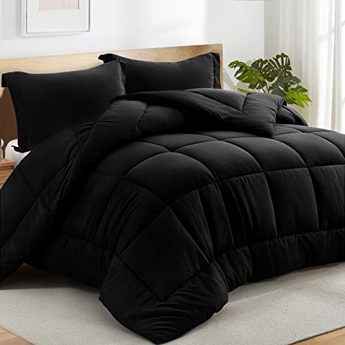All Season Queen Comforter Set 3 PCs Soft Quilted Down Alternative Comforter+2 Pillow Shams with Corner Tabs,Winter Summer Warm Fluffy,Machine Washable(Black, Queen) - Black - Queen