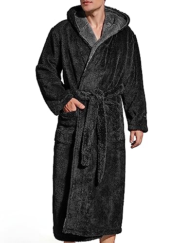 SlumberMee Mens and Womens Fleece Plush Robe with Hood Ultra Soft Fluffy Full Length Long with Pockets House Coat - Large - Black