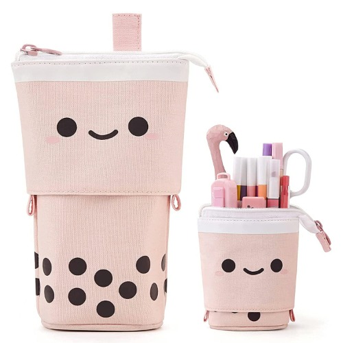 Cute Stuff for Teen Girls Cute Bags Standing Pencil Case Cute Telescopic Pen Holder Kawaii Stationery Pouch Makeup Cosmetics Bag for School Students Office Women (Pink) - PINK