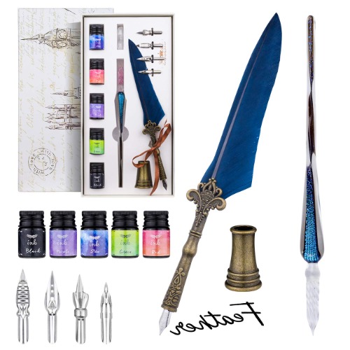Feather Quill Pen and Ink Set, Vintage Calligraphy Glass Dip Pen Set with 4 Replacement Nibs, 5 Inks, Smooth Calligraphy Dipped Pen Ink Kit for Birthday Gift, Writing, Drawing, Signatures, Decoration