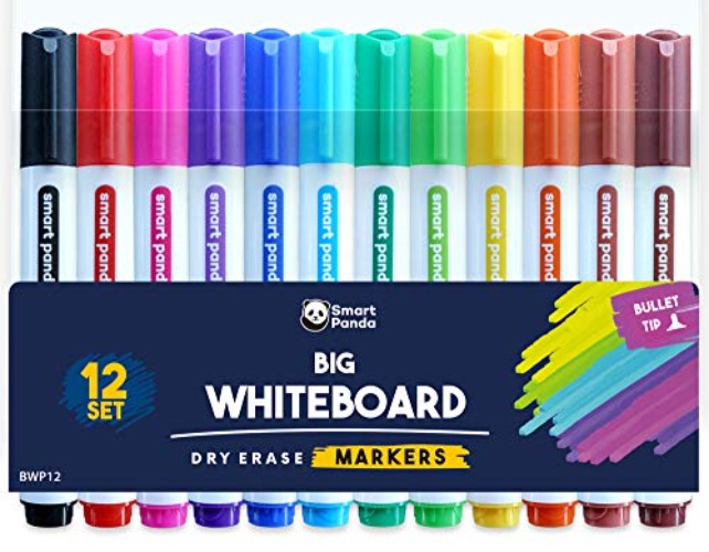 12 Big Whiteboard Pens by SmartPanda – Bullet Tip Whiteboard Markers – Dry Erase Markers, Perfect for Home, School or Office - 12 Set Assorted Colours - 12 Set